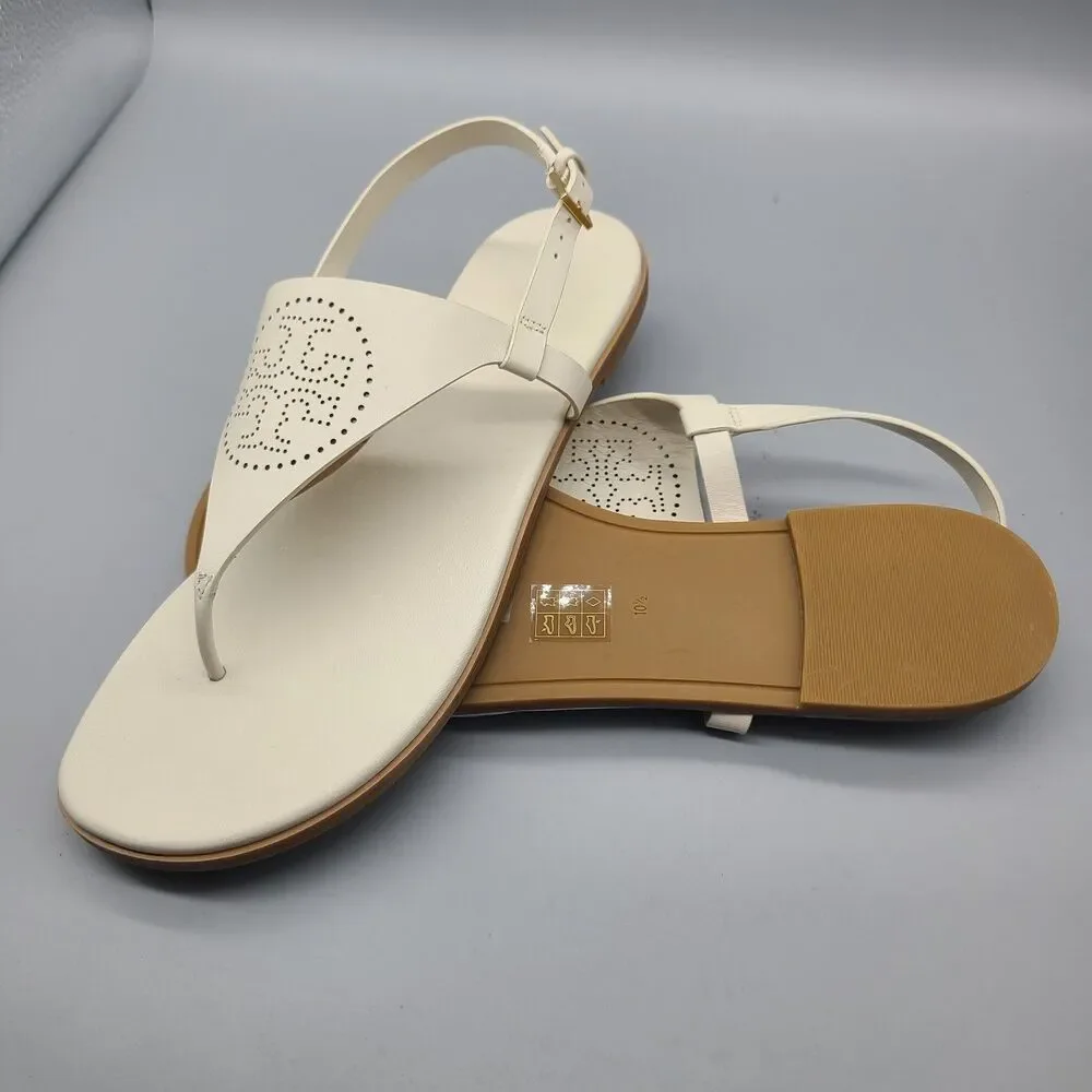 TORY BURCH CAPRI Perforated Logo White Leather Thong Flat Sandals  Sz 10.5 New